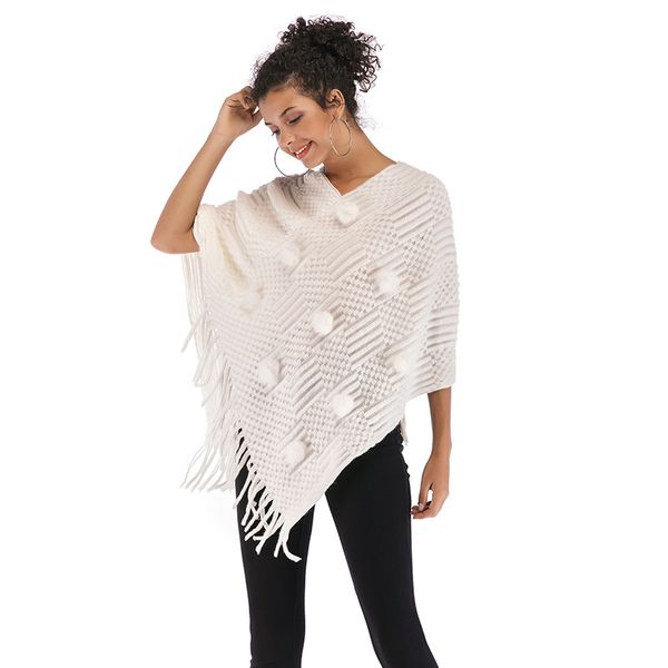 

europe and america women's v-neck fur ball shawl cloak tassel irregular knitted jacket, Blue;gray