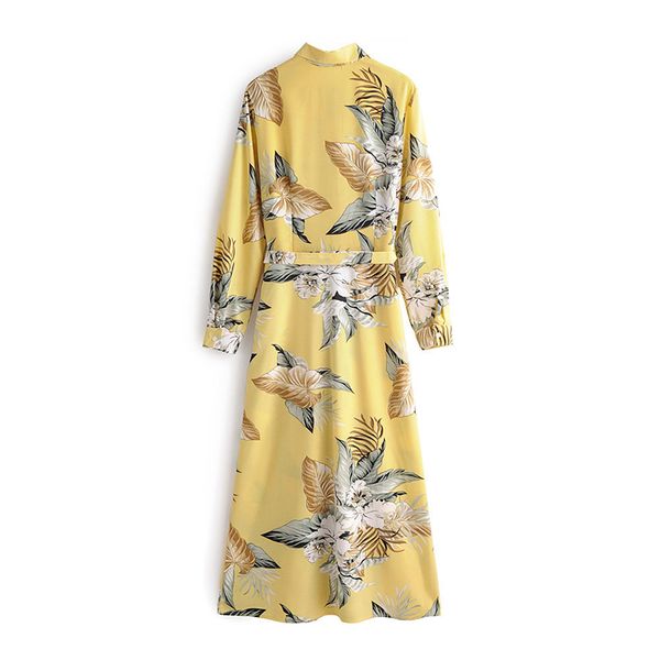 

women stylish elegant floral print dresses long sleeve sashes bohemian yellow dress turn down collar office ladies shirt dress, Black;gray