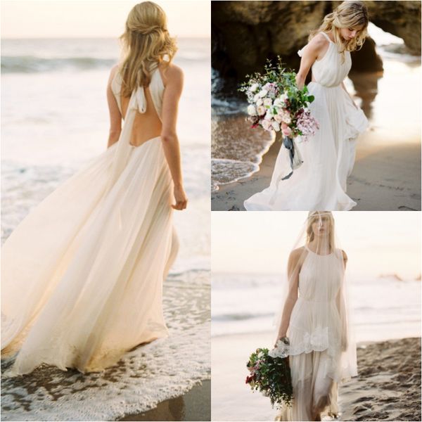 

informal beach boho wedding dress backless full length chiffon sleeveless bohemian wedding dresses 2019 vestido boda from china, White