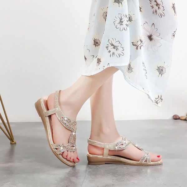 

muqgew 15 style bohemia summer sandals womenshoes ladies crystal flat ankle sandals plus size peep toe casual beach shoes lady, Black