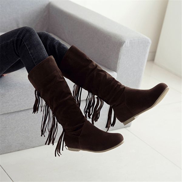 

large size 50 2019 shoes woman boots female fringe slip on casual mid calf boots women shoes riding, Black