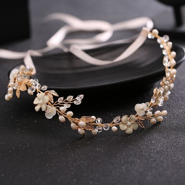 

gold color leaves pearl crystal beads hairbands with ribbon rhinestone hair jewelry for wedding bride hair accessories for women, Golden;white