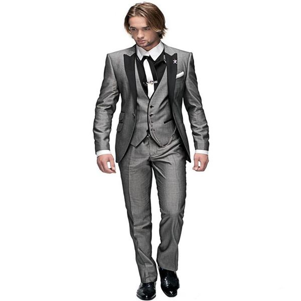 Acheter Fait Smokings Marié Gris Clair Pic Noir Lapel Le Meilleur Homme Groomsman Hommes Costumes De Mariage Prom Forme Epoux Veste Pantalon