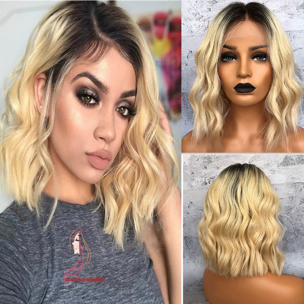 Dark Roots Blonde Human Hair Wigs With Baby Hair Ombre Wavy Bob