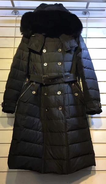 

женщины x-long style winter duck вниз пальто 100% шерсти fox капюшоном пуховик черный толстый теплый вниз parkas, Black
