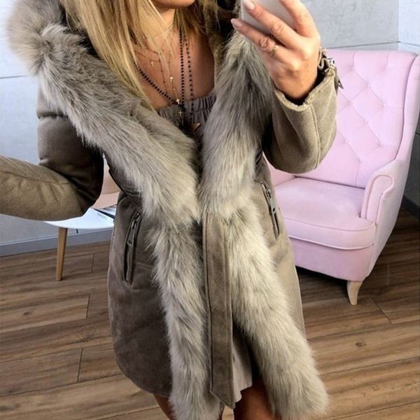 

2019 new women warm hoody fur jackets coats plush collar solid belt parkas overcoats autumn winter jacket outwear plus size 3xl, Black