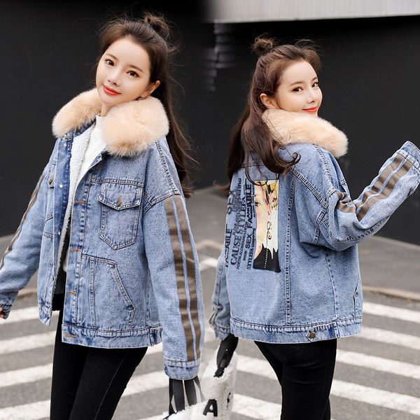 

cotton women 2019 winter plus velvet thickened long paragraph lamb cashmere retro denim short coat fur collar coat jacket, Black
