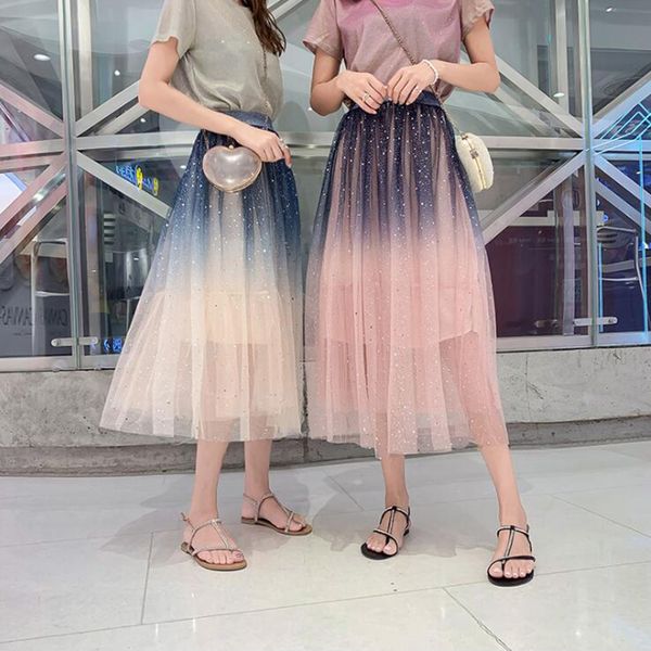 

плюс размер женская тюль цвет соответствия плиссированные юбки 2020 новая мода mesh midi юбка упругие высокой талией женщина юбки 3 слоя, Black