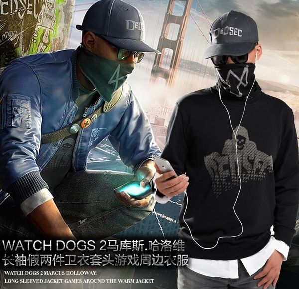 

game watch dogs 2 marcus holloway sweater men's cosplay 100% cotton black sweatshirt -3xl, White;black