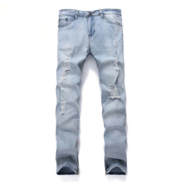 

men's jeans men straight hole denim trousers motorcycle washed oversized, Blue