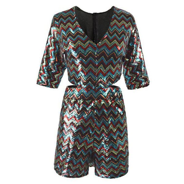 

shining sequins party playsuits women v neck half sleeve hollow out loose jumpsuit rompers summer clubwear female overalls, Black;white