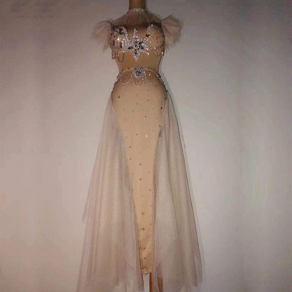 

nude see through stage costume set rhinestones bar birthday celebrate wear dance outfit prom female singer bra long skrit, Black;red