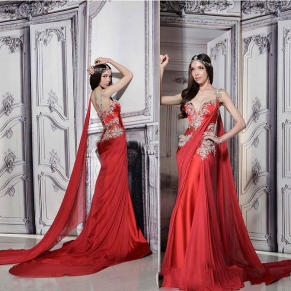 

2020 red vintage mermaid evening dresses indian style applique chiffon bridal party outfit sweep long prom gowns