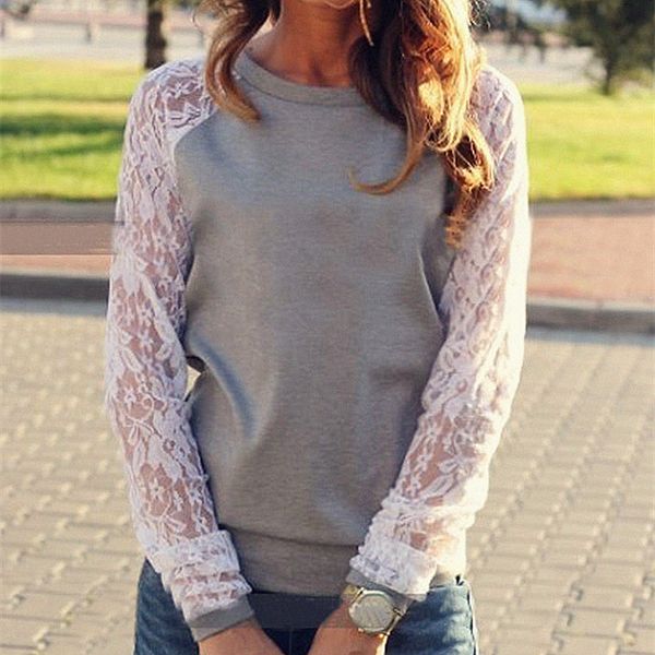 

spring women casual hoodies sweatshirts fashion lace patchwork long sleeve sweatshirt o neck pullover sudaderas mujer, Black