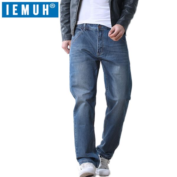 

iemuh plus size jeans man denim jeans casual middle waist loose long pants male solid straight for men classical 28-48, Blue