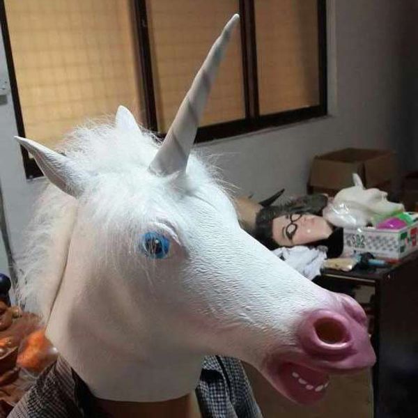 

halloween costume prop unicorn head cosplay latex rubber face mask and hooves gloves animal silicone party masks