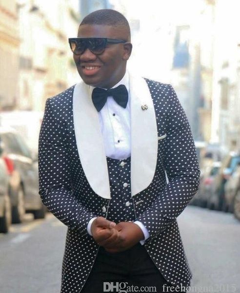 

groom tuxedos groomsmen one button black dot shawl lapel man suit wedding men's blazer suits custom made (jacket+pants+vest)t060, White;black