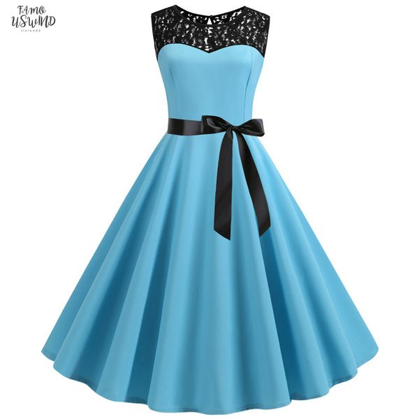 

light blue lace patchwork summer dress women 2020 elegant vintage party dress casual office ladies work dress plus size, Black;gray