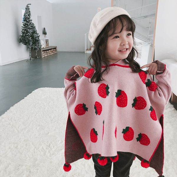

autumn winter strawberry print girls sweater oversize long sleeve hooded toddler knitted sweater sweat children knitted clothes, Blue