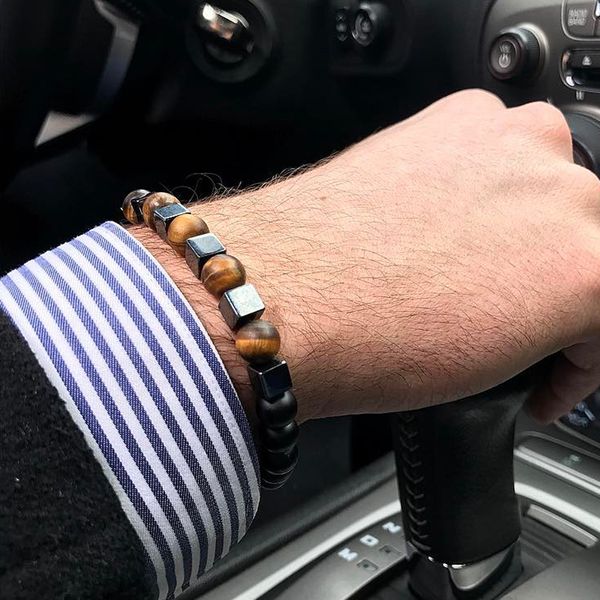 2019 Moda Homens Pulseira Novo Design 8mm Pedra Natural Pedra Com Cubo Hematita Handmade Charme Pulseiras Para Homens Jóias Presente