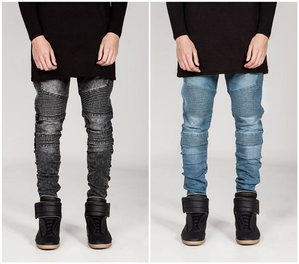 

fashion men's jeans 2020 new designer men wrinkle skinny small feet micro-elasticmen washed jeans 3 colores selected size s-4xl, Blue