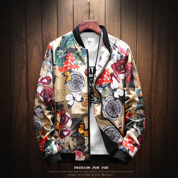 

2019 main push big goods spring new style men fashion printed jacket stand collar large size loose-fit zip-up jacket fashion man, Black;brown