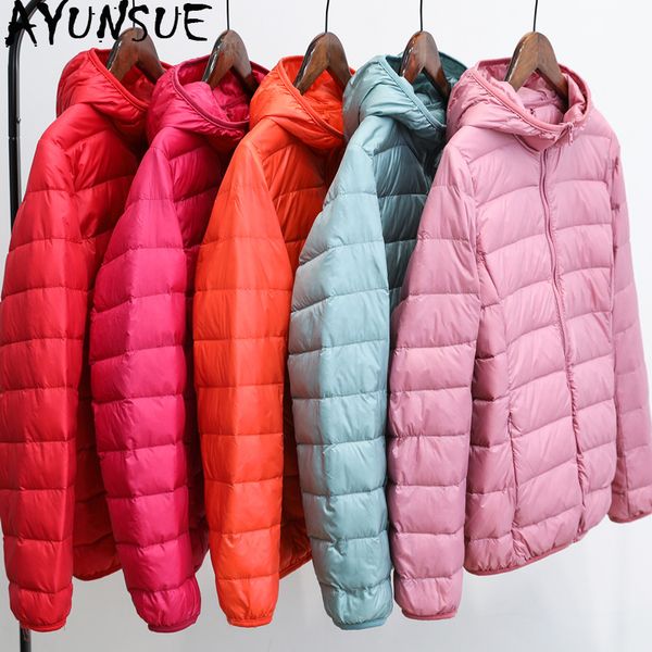 

ayunsue 2019 ultra light down jacket women plus size puffer coat winter women's duck down jacket hooded 6xl veste femme kj2491, Black