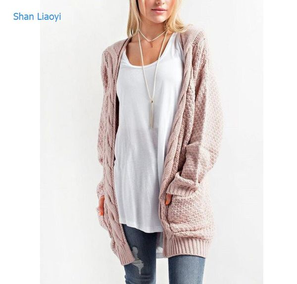 

new sweater in the long paragraph large size long-sleeved solid color pocket soft wear ladies twist knit cardigan, White;black