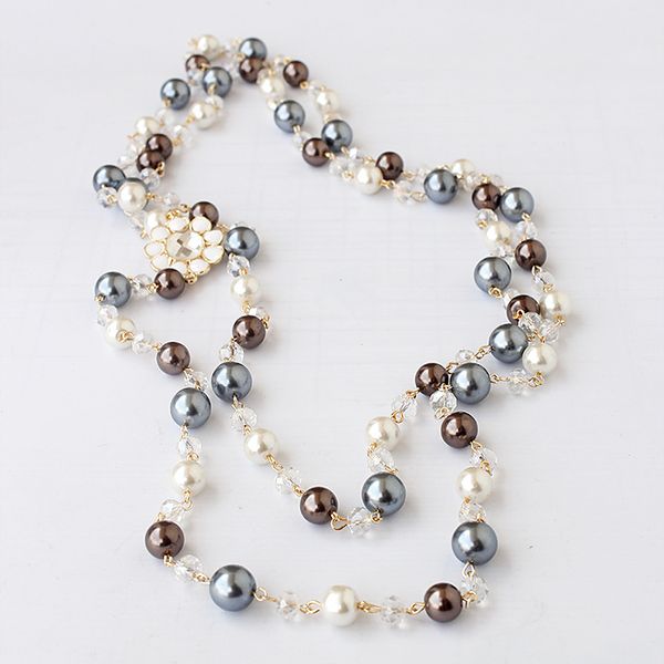 

wholesale-n luxury designer glittering crystal colorful pearl classic elegant long sweater statement necklace for woman, Black