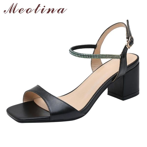 

meotina women shoes summer sandals natural genuine leather block heels shoes real leather crystal buckle sandals ladies size 43, Black
