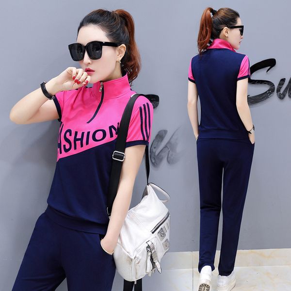 

2020 summer new style sports set korean-style fashion slimming women's casual wear pants short sleeved stand collar hoodie two, White