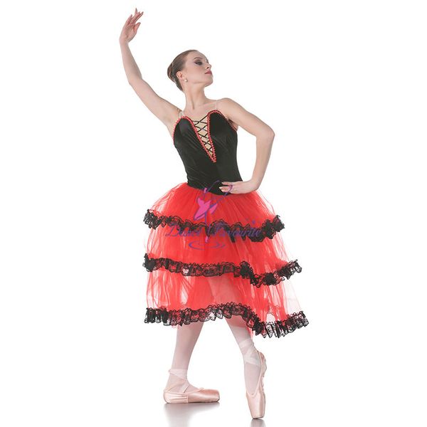 

dance favourite red spanish long ballet tutu black velvet blace bodice ballet costumes dance tutu, ballerina costumes, Black;red