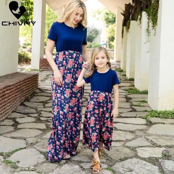 

chivry new mother daughter dresses short sleeve patchwork floral long maxi dress mom and daughter dress family matching clothes, Blue