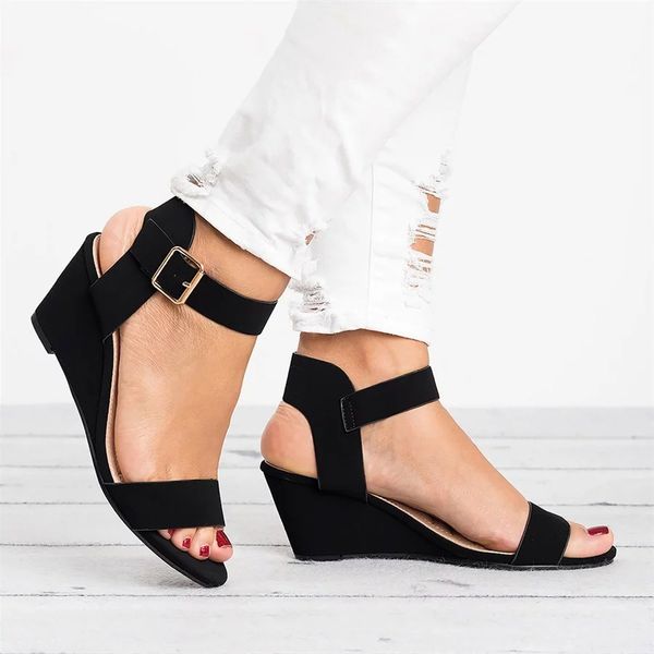 

cross border foreign trade europe and america large size wish women's wedge heels semi-high heeled peep-toe buckle ro, Black