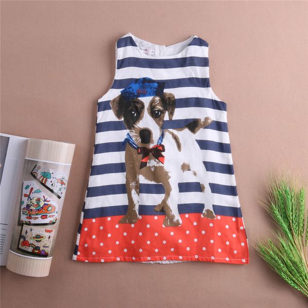 

2019 cutely toddler kids girls dresses sleeveless puppy stripe summer casual dress dog pattern printed dress clothes 3-7t, Red;yellow