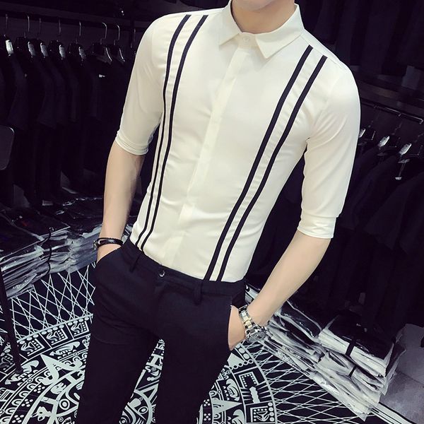 

plus size 5xl-s young man shirt dress summer new 2020 half sleeve work shirt men front straps design slim fit mens casual shirts, White;black
