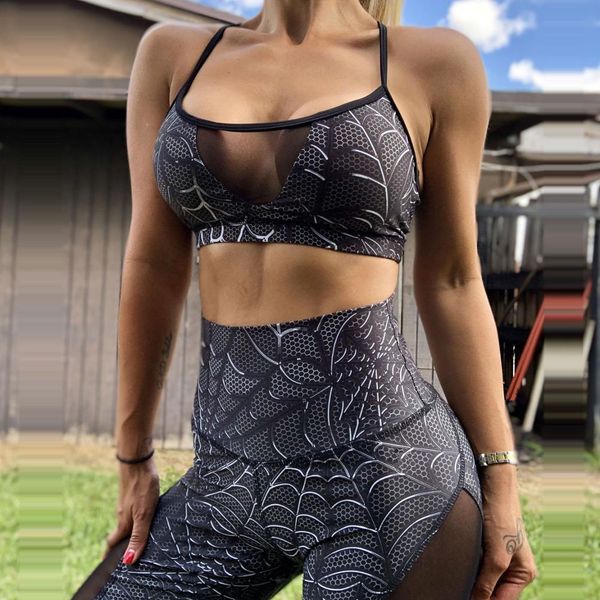 

women dark web yoga set dry fit fitness suit female spider print gym clothing woman sportswear sport outfit tracksuit, White;red
