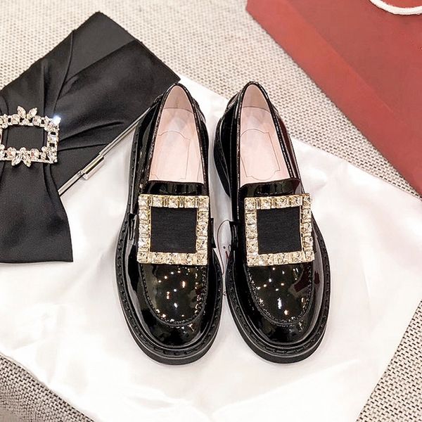 

new autumn shoes big crystal buckle japanned leather brogue shoes woman retro slip on brogues oxford creepers mules derby s589, Black