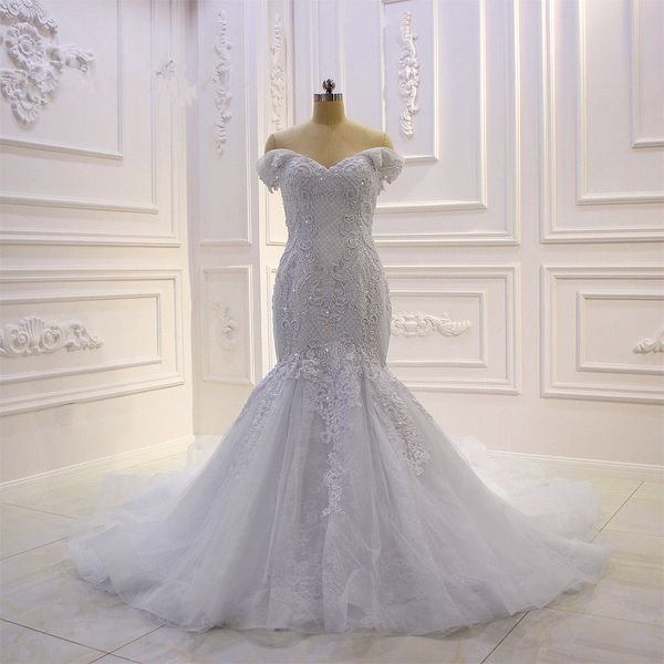 

real pictures lace appliqued off shoulder mermaid wedding dresses luxury beaded lace-up back african plus size bridal gown, White