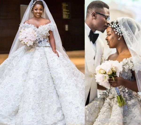 

luxurious plus size wedding dresses long off the shoulder handmade 3d lace flowers african lace wedding dress lace up back beach bridal gown