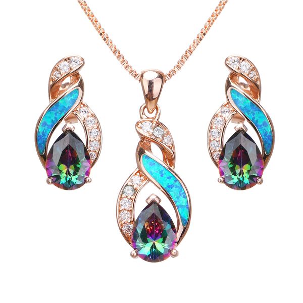 

rose gold australian blue opal firez earrings charms pendant necklace jewelry sets for women js6, Silver