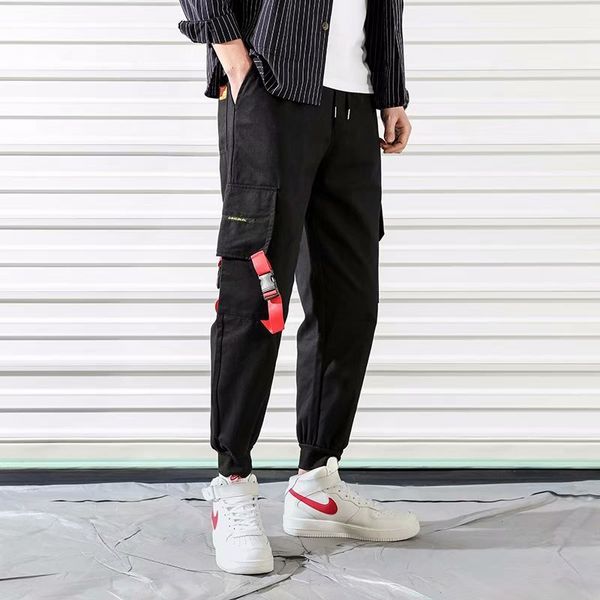 

men's pants fashion mens hi-street cargo slim fit urban style hip hop patchwork pocket trousers cuffed joggers for male, Black