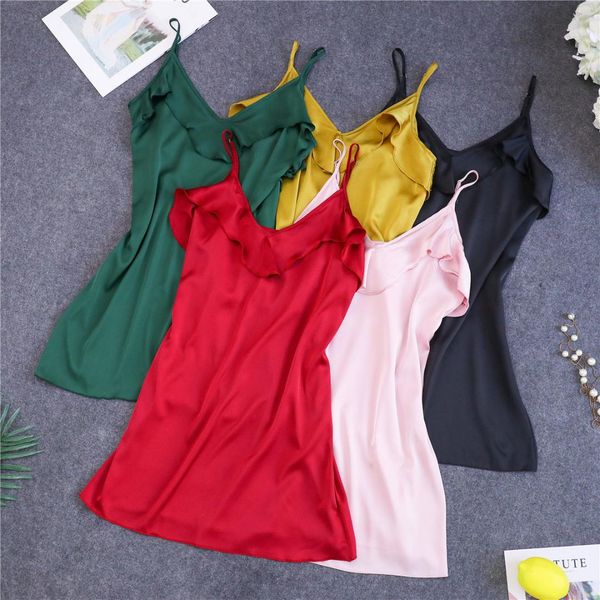 

nightgowns женщины sexy пижамы мини спящий платье ruffles рукавов весна лето шелк белье sling satin nighty ночнушке, Black;red