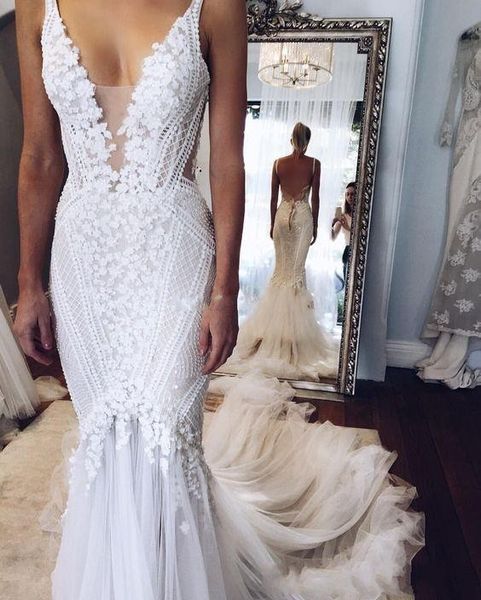 

2020 berta pallas couture mermaid wedding dresses deep v neck back unique lace sweep train summer spring bridal gown custom made