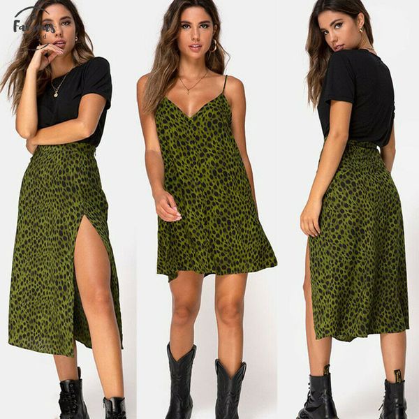 

women leopard v neck button strap sleeveless green mini dress and high waist split party summer beach, Black;gray