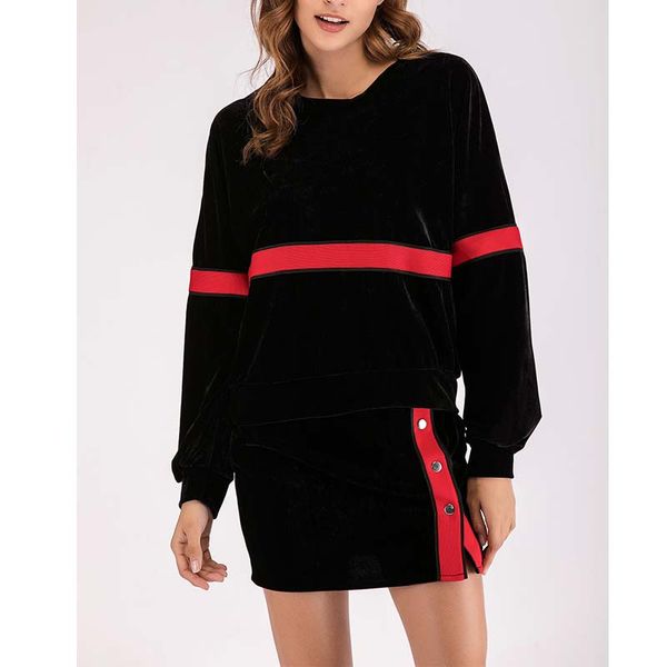 

fashion round neck long-sleeved sweater bag hip skirt webbing two-piece casual comfort, Black