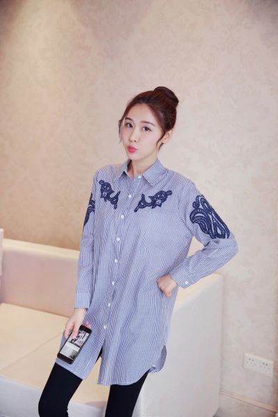 

2020 spring and autumn new embroidered long sleeve shirt large vertical shirt korean medium long shirt, White