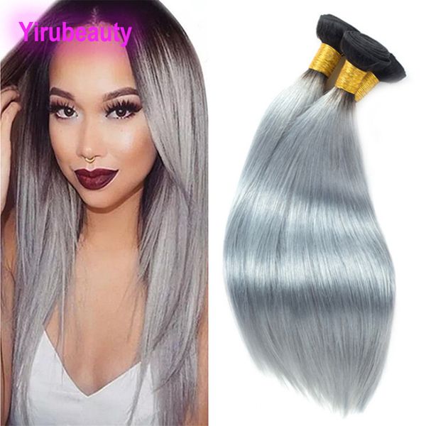 Yirubeauty Ombre Haareinschlagfäden 1B Grau Glatt 10-26 Zoll Peruanisches Echthaar Drei Bündel Haarprodukte Seidig Glatt 1B/Grau