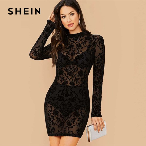

shein black floral print stand collar bodycon dress without bra women spring long sleeve sheer glamorous mini dresses, Black;gray
