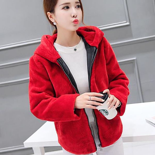 

women's fur & faux fluffy women coats 2021 hoodied coat elegant winter short luxury female jacket overcoat g478, Black
